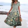 Women's Summer Casual Fashion Print Pocket Short Sleeve V-Neck Swing Dress