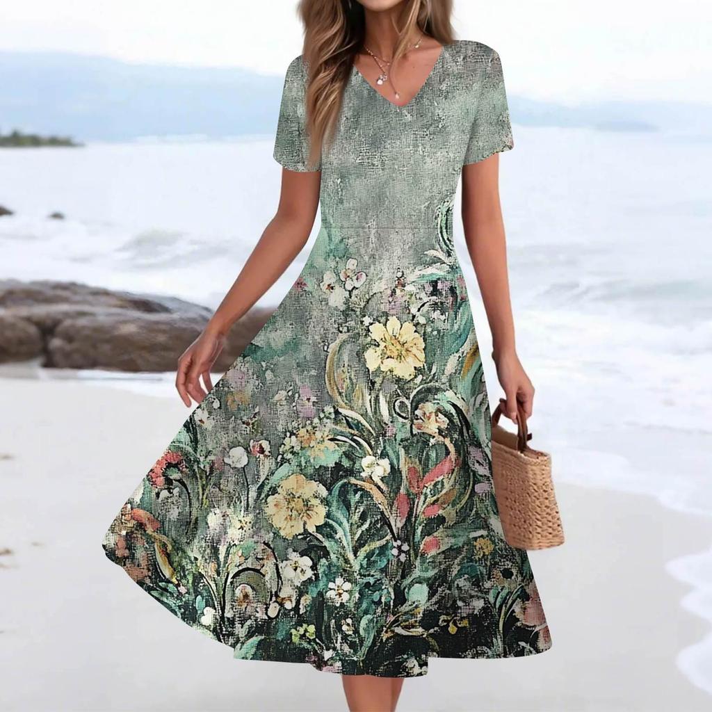 Women's Summer Casual Fashion Print Pocket Short Sleeve V-Neck Swing Dress