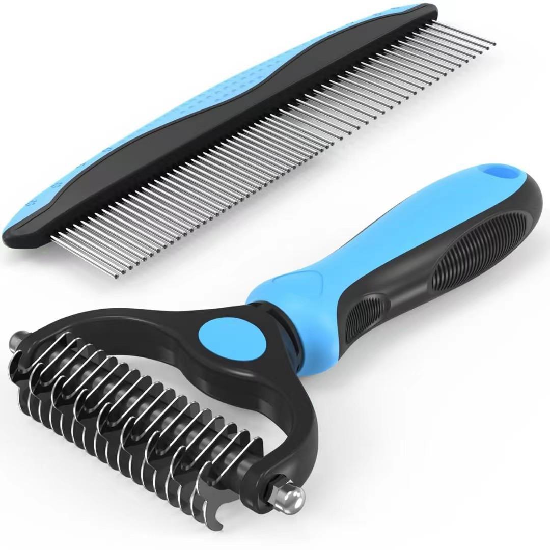 

Pet Grooming Combo - Blue Deshedding Brush and Metal Comb for Cats and Dogs, Detangling and Dematting Tool for Long, Matted Fur синий