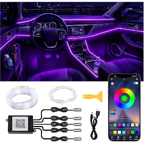 Interior Car LED Lights Wireless APP Control 5 In 1 RGB Ambient Lighting Kit With 236" Fiber Optic, 16 Million Colors Music Sync Waterproof LED Strip