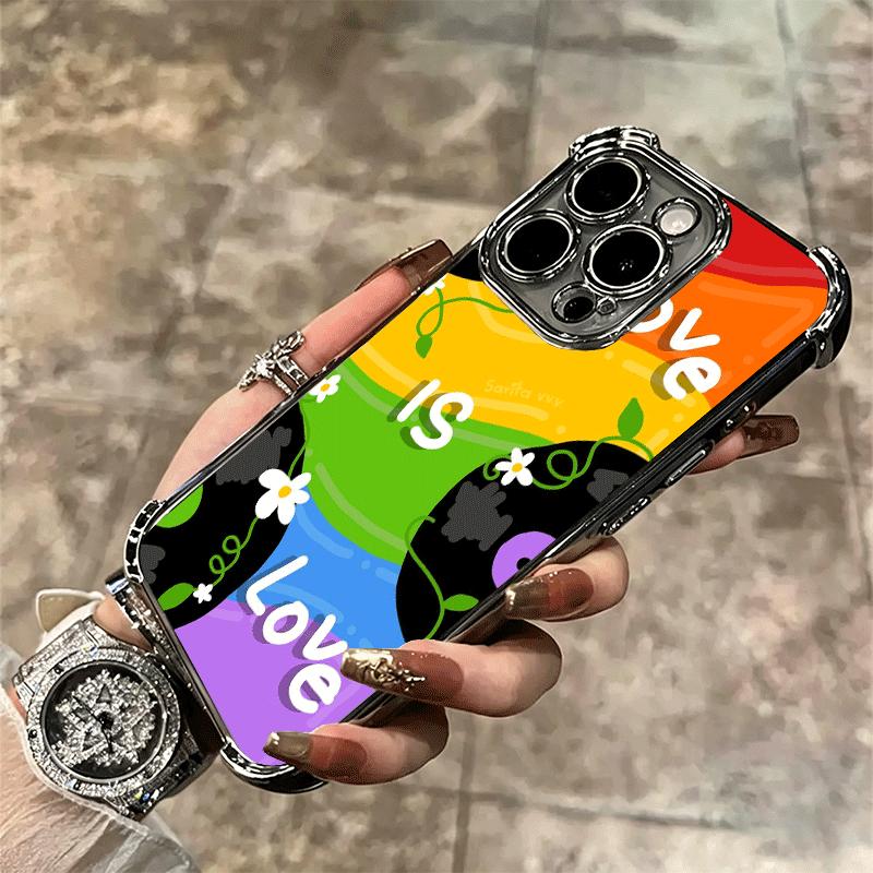 LGBT Rainbow Love Is Love Plating Phone Case For Iphone 16 17 Pro Max Air 16E 14 15 Plus 12 13 Mini Anti-Fall Airabag Cover