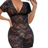 Women Night Dress See through Lace Sheath Skinny Thin Short Sleeve Low cut V Neck Flower Embroidery Pure Color Seductive Mini Nightgown