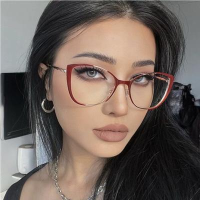 Moda ojo de gato medio marco Anti luz azul gafas de bloqueo mujeres hombres montura de gafas de Metal gafas ópticas de moda para ordenador