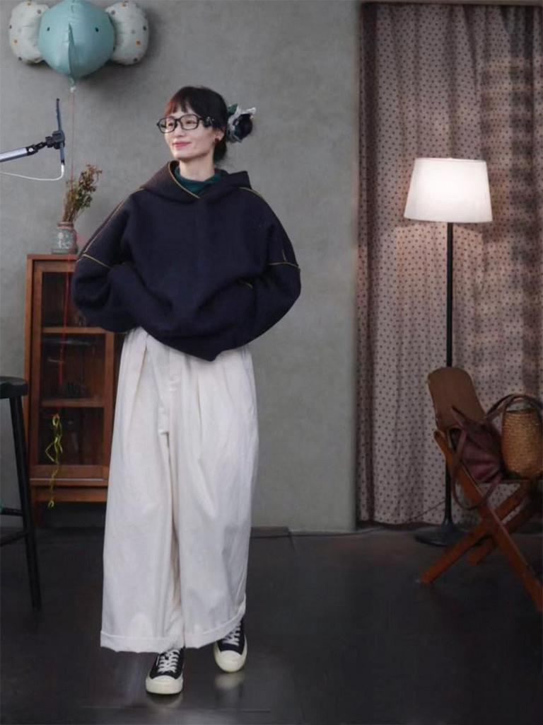 New Folk Craft Jade White Retro Wide-Leg High-Density Elastic Waist Long Pants for Autumn/Winter