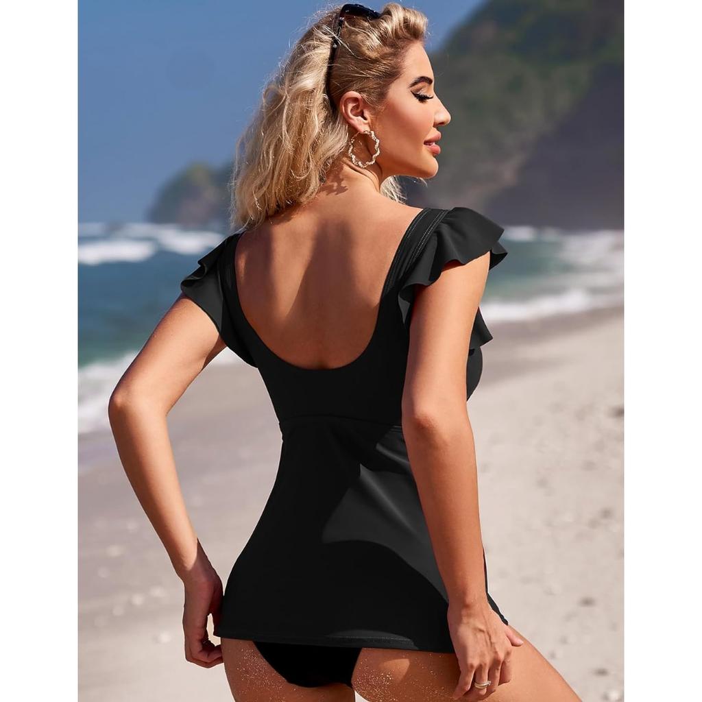 CHARMLEAKS Women Tankini Top Ruffled Shoulder Bathing Suit Top V Neck Swimsuit Top Flowy Bikini Tank Top
