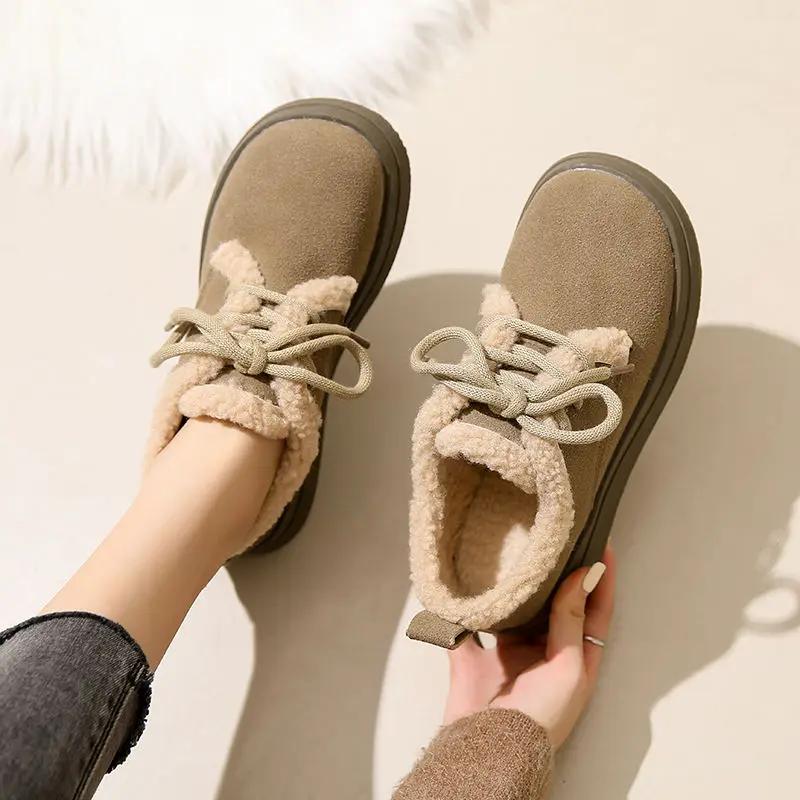 Fashion Ladies Snow Boots with Laces Black Suede Round Toe Elegant Low Heels Female Shoes Lace-up Y2k Lamb Winter Waterproof Non Slip 39