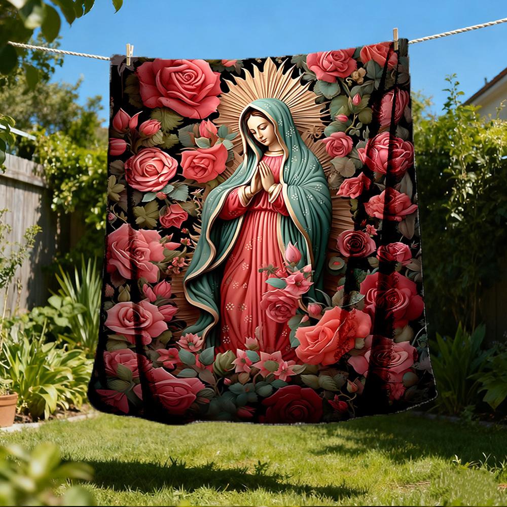1pc Mary Floral Artwork Throw Blanket Polyester Fiber, Lightweight Flannel, Soft & Warm, All Season Use for Outdoor, Camping Digital Print