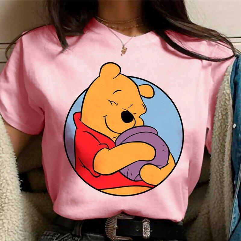 2026 New Cute Animated Wow Winnie The Pooh Print Womens Crew Neck Loose Plus Size Comfortable Short Sleeve TShirt
