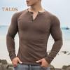 Spring Fall Men Top Buttoned Round Neck Slim Fit Long Sleeves Solid Color Pullover Mid Length Stretchy Sport Jogging T-shirt