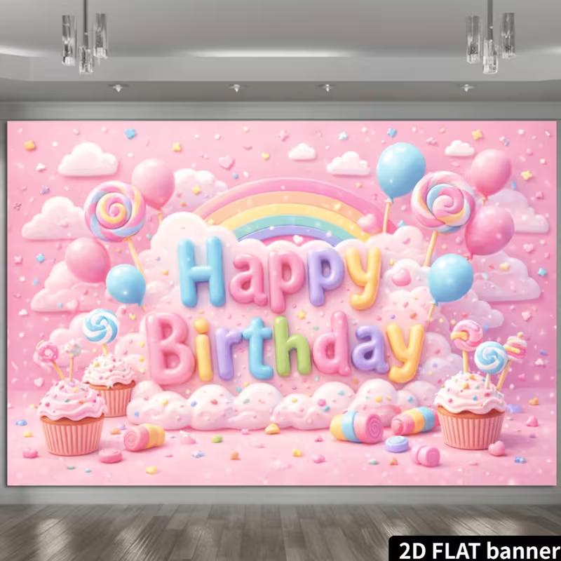2D Flat Sweet Candy Birthday Banner Pink & Pastel Themed Backdrop with Lollipops, Candies & Balloons