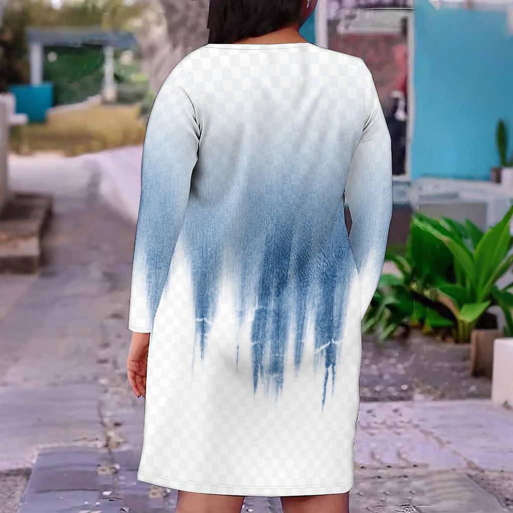 Damen Übergröße V-Ausschnitt Langarm Mehrfarbig Bedrucktes Eng anliegendes Kleid