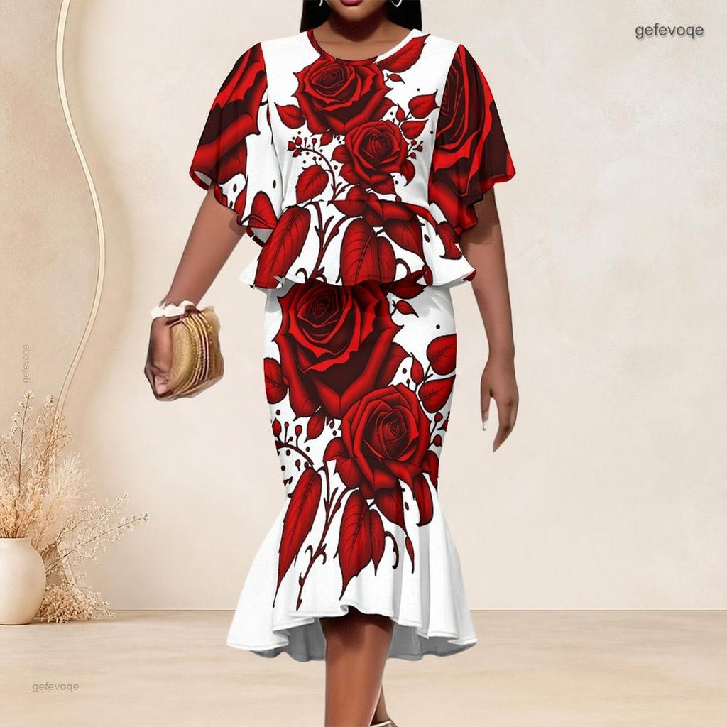 Women Plus Size Two Piece Set Round Neck Batwing Sleeve Ruffle Hem Top Fishtail Skirt American Flag Printed Red Blue White