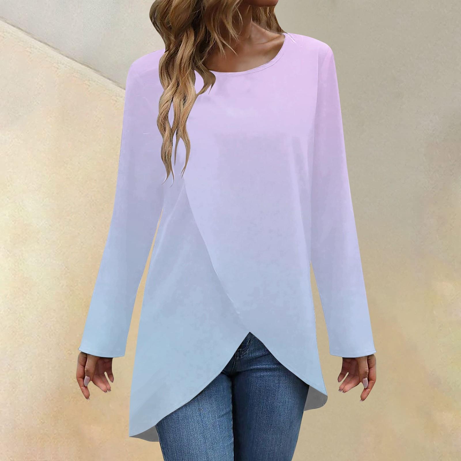 

Женская модная повседневная футболка с длинным рукавом и круглым вырезом с перекрестным подолом XL светло-фиолетовый