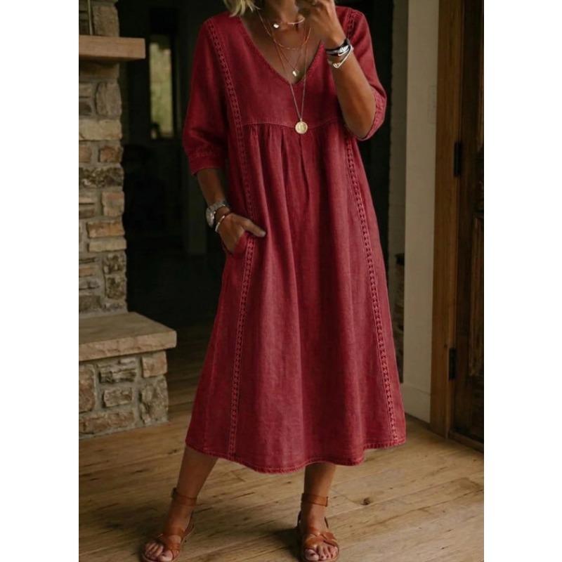Women's V Neck Three Quarter Sleeve Loose Fit Lace Spliced Linen Blend Midi Dress Solid Color Casual Vacation Daily Wear Long Sundress