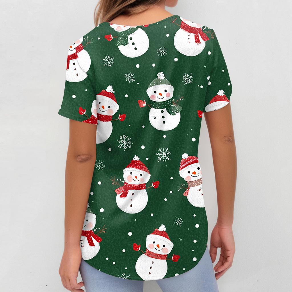 Hauts de Travail à Manches Courtes et Imprimé de Noël à Col en V et Poche pour Femme