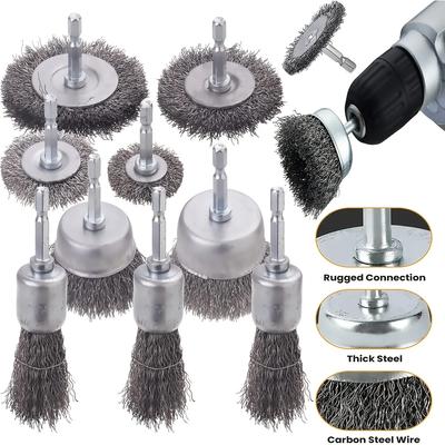 Drahtbürsten-Topfbürsten-Set 10 Stück, Drahtbürste für Bohrmaschine 1/4 Zoll Sechskantschaft 0,012 Zoll Grobe Kohlenstoffstahl-Krempendraht-Rad