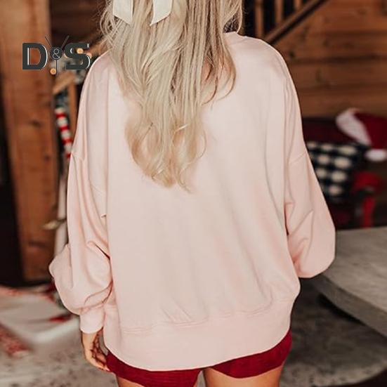 Women Christmas Sweatshirt Round Neck Sequin Santa Pattern Loose Long Lantern Sleeves Pullover Keep Warm New Year Party Top