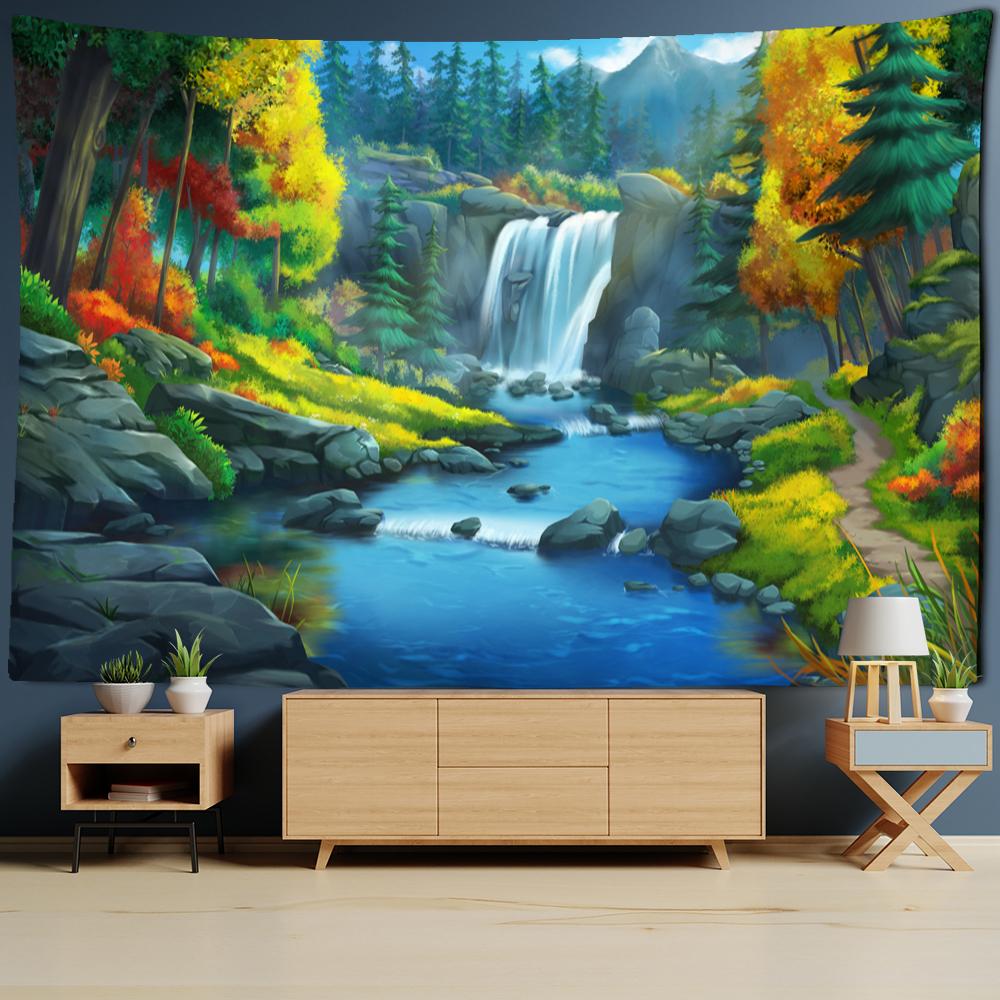 Wasserfall-Illustration Wandteppich Hängen Boho Psychedelic Natur Landschaft Kunst Hippie Home Decor Hintergrund Stoff