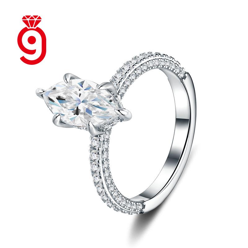 Elegant Elongated Marquise Solitaire S925 Silver VVS Moissanite Half Pave Polished for Daily&party GRA Certified Moissanite Ring