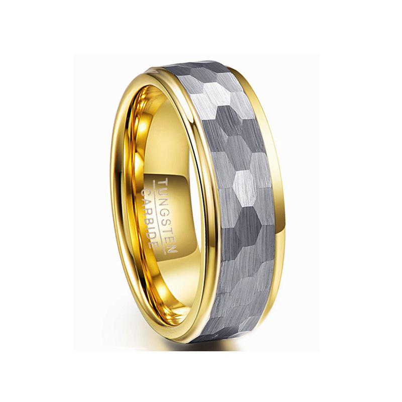 Silver-Gray Matte Hexagonal Tungsten Steel Ring with Gold-Plated Interior (8MM Wide) Men's Size