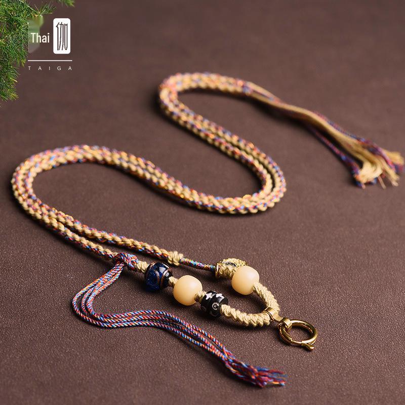 Handmade Thai Amulet Chain: Tibetan Thangka Pendant with Hand-Rubbed Cotton Rope & Dzi Agate - Style A