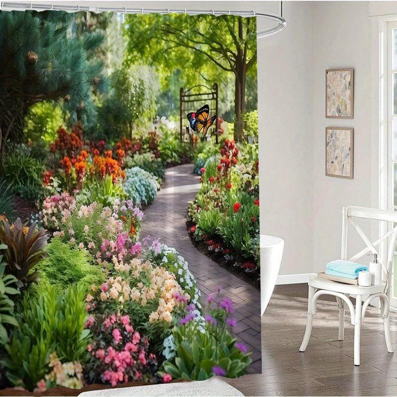 Floral Garden Path Shower Curtain Nature Landscape Art Bathroom Decor Spring Flowers Bath Curtains for Modern Home Interior