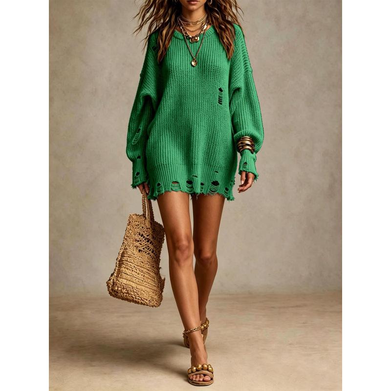 In-Stock Elegant Round Neck Long Sleeve Knit Dress - European & American Street Style