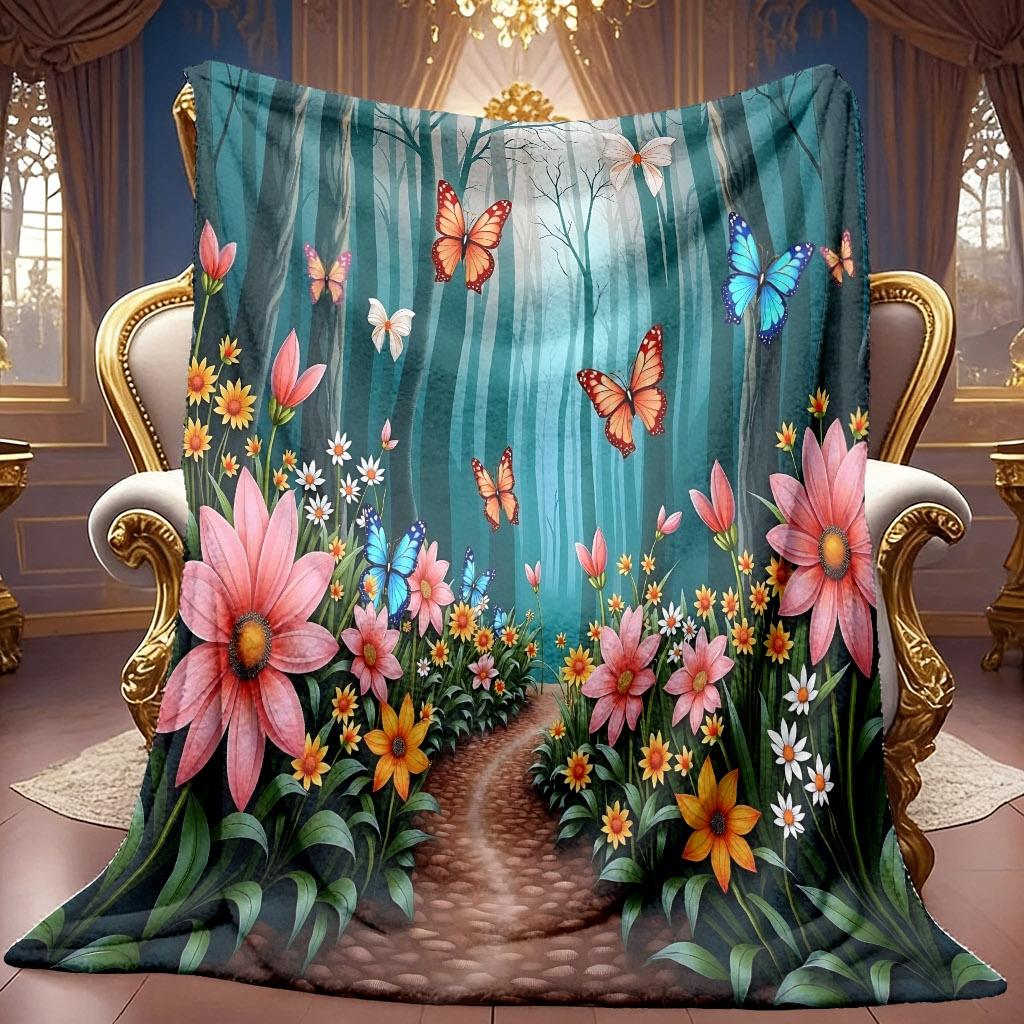 A 2D Dreamy Forest Flower and Butterfly Themed Flannel Blanket, Featuring Soft High-definition Digital Printing, a Cooling Blanket Suitable for All Se
