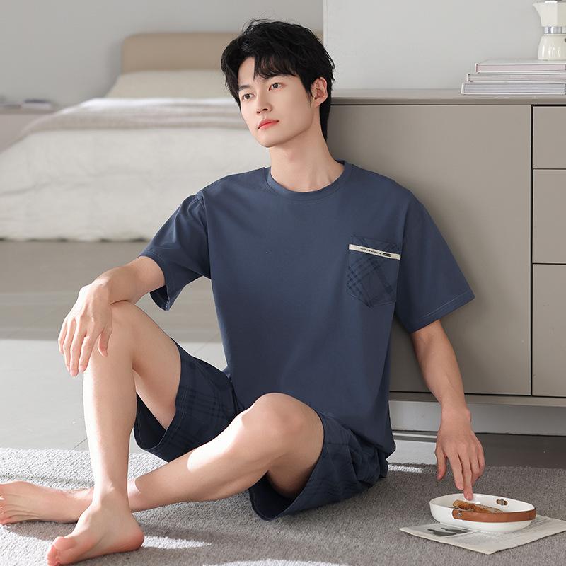 1011 New Men's Pajamas Summer Cotton Short Sleeve Shorts Large Size Thin Loose Casual Style Homewear Set