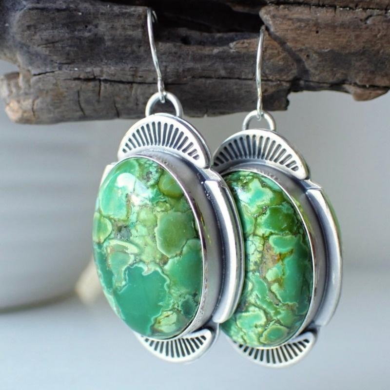 Böhmischer Stil Eingelegte Synthetische Türkis Silberbeschichtete Hängeohrringe für Damen Vintage Bankett Schmuck Accessoires Handwerk