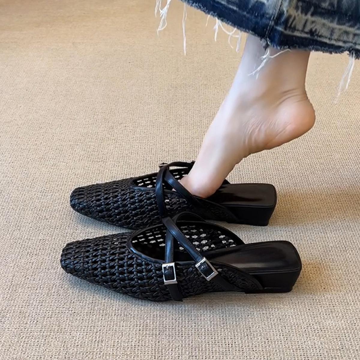 

Sheepskin French simple cross strap versatile flat-bottomed toe shoes summer hand-woven hollow cool slippers women s outer wear 40