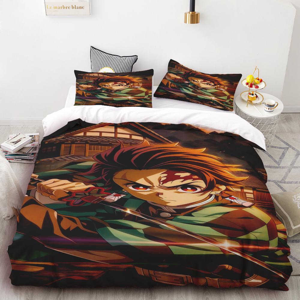 Duvet Covers Demon Slayer Bedding Sets Cartoon Comforter Bed Linen Boys Kids Single Double Size Soft Bedclothes Home Decor Anime