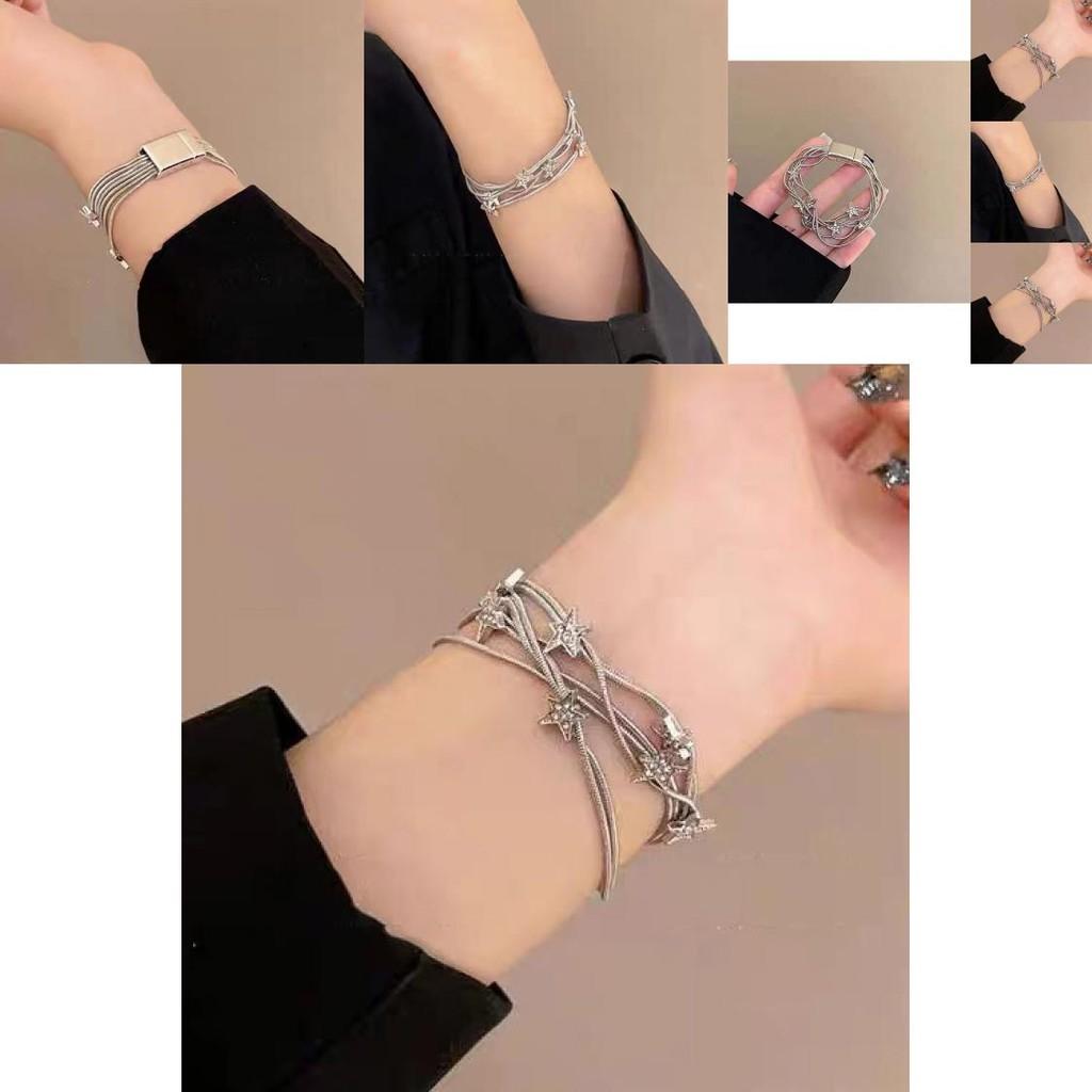 Trendy Sweet Cool Geometric Star Charm Layered Alloy Bracelet For Women 2024 Summer