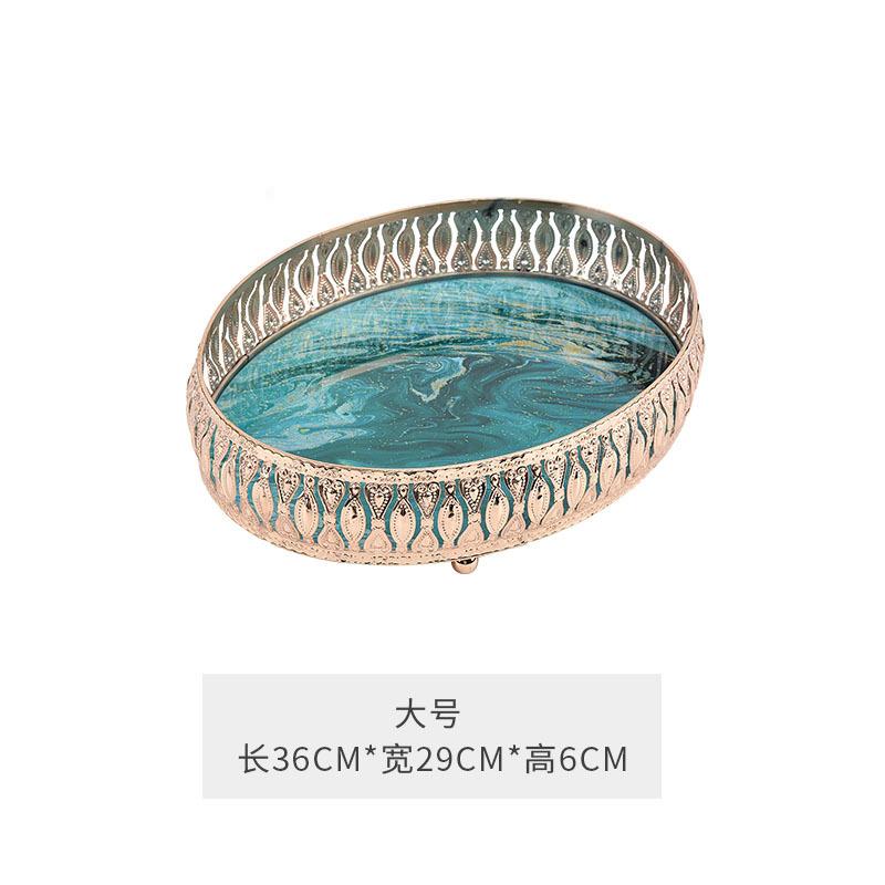 Luxury Round Decorative Trays Teal Marble Glass with Rose Gold Ornate Frame for Vanity & Coffee Table Storage Trays Home