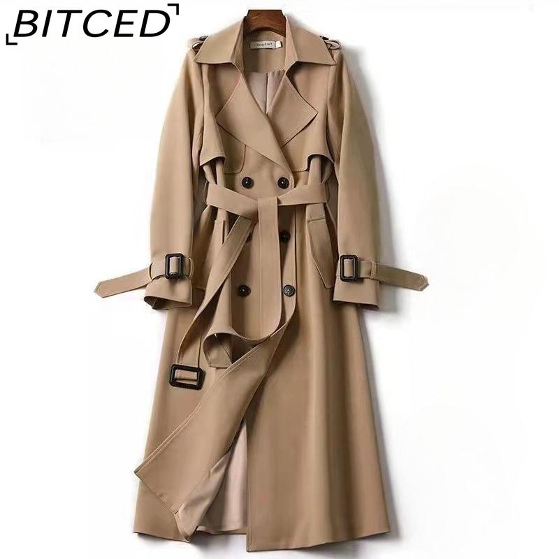 BITCED Women s Mid-Length Trench Coat Spring/Autumn Plus Size Trendy British Style Overcoat Knee-Length Outerwear S