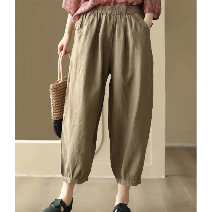 

Retro Wide-Leg Cotton Linen Elastic Waist Nine-Point Pants for Plus Size XL (115-130 jin) хакі