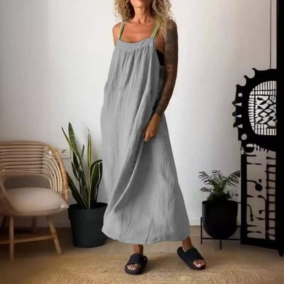 Women Summer Suspender Dress Low-cut Sleeveless Backless A-line Bohemian Style Pure Color Oversized Pleated Side Pockets Mid-calf Length Midi