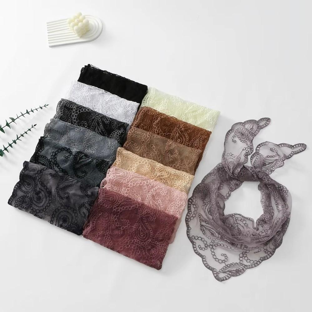 Solid Color Embroidery Shawl Thin Fabric Prayer Veil Vintage Hair Scarf  for Women