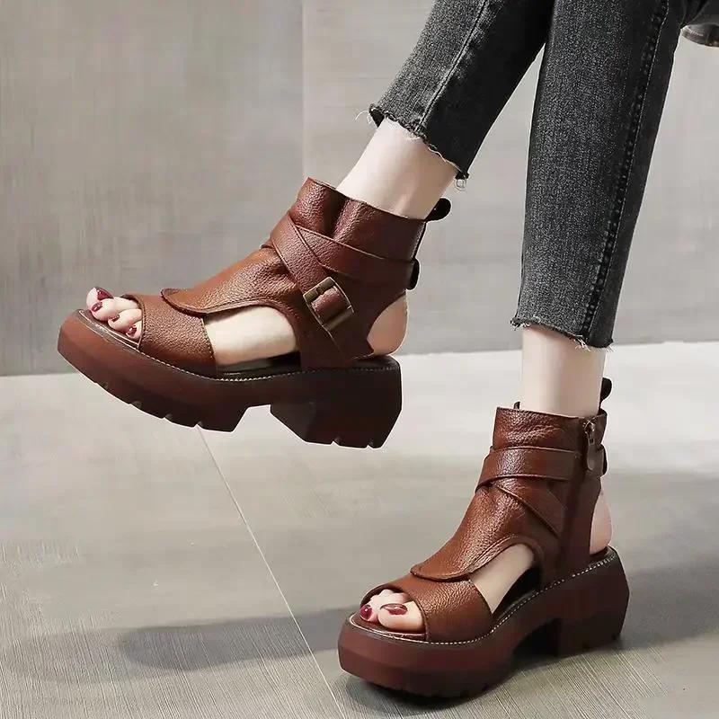 

Fashion 2025 New Summer Shoes Women Sandals Retro Genuine Leather Wedges Platform Peep Toe High Heel Black 35