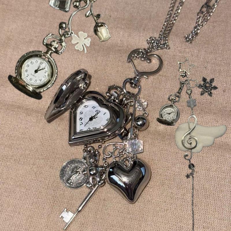 1Pcs Steampunk Clock Vintage Necklace Pendant Jewelry Watch Heart Pocket Watch Chain Keychain Men Women Gift
