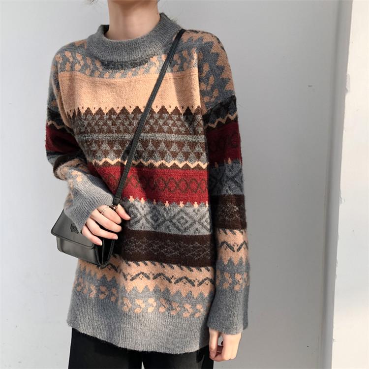 Women's Round Neck Pullover Sweater – Korean Style Retro Long Sleeve Jacket, Autumn/Winter 2020, Loose Fit.