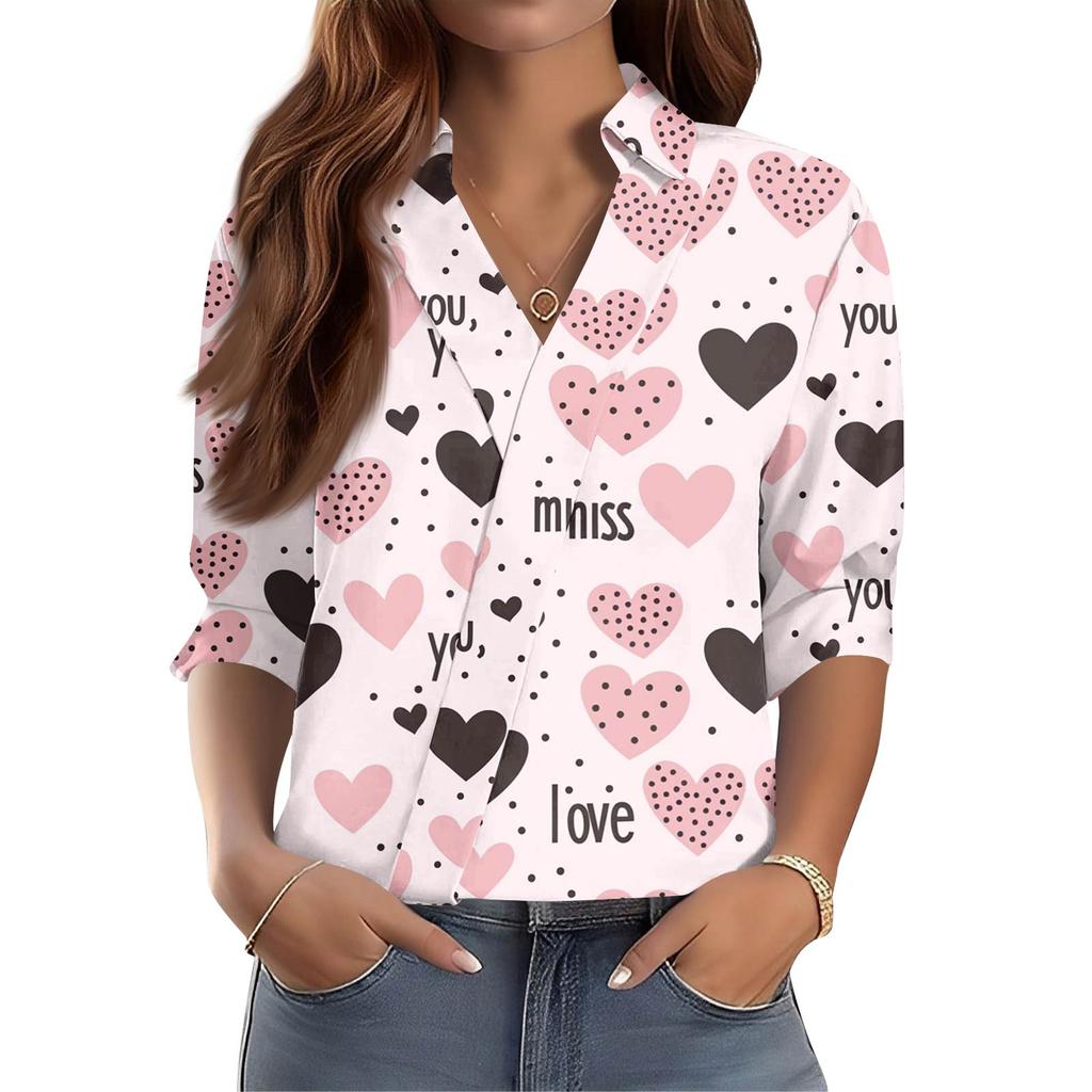 Damen 3/4-Ärmel V-Ausschnitt Hemd Bedruckt Arbeitskleidung Lässig Regulär Hemdkragen Oberteil