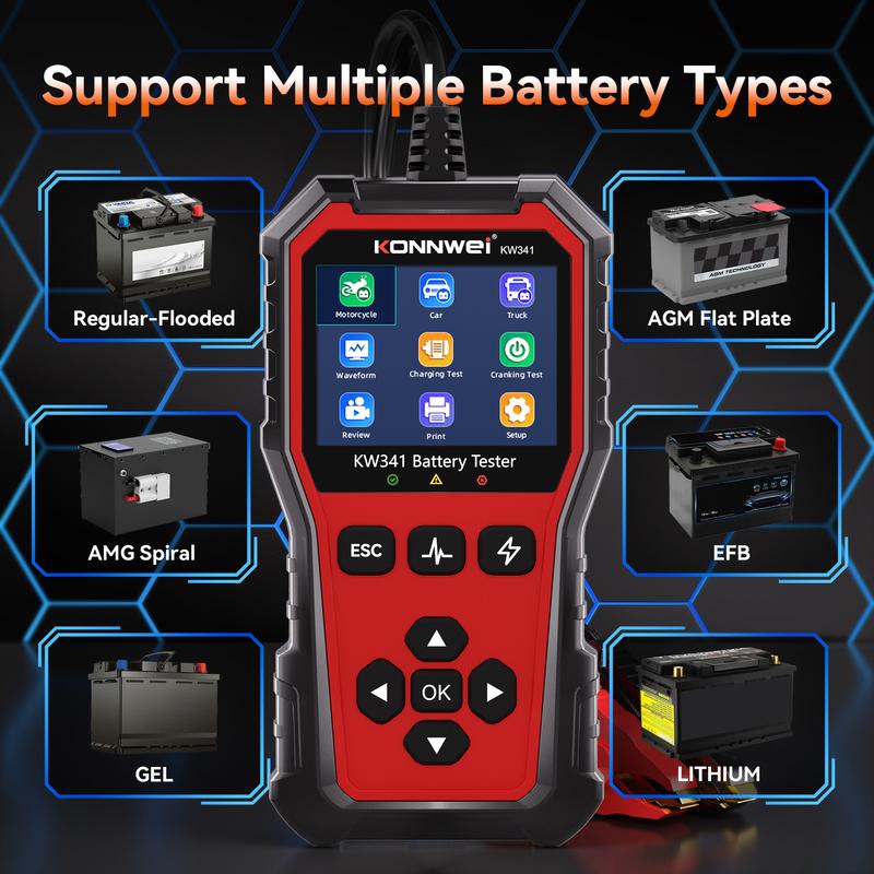 2026 Batterielade-Scan-Tool KONNWEI KW341 Auto Motorrad LKW Batterietester 6V 12V 24V Fehlerdaten-Druck Startspannungs-Tester