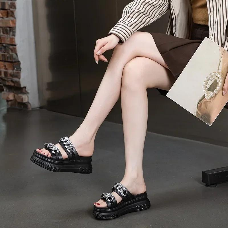 Fashion 7CM Cow Genuine Leather Peep Toe High Brand Sandal Shoes Platform Wedge Synthetic Slippers Women Ladies Summer Fashion