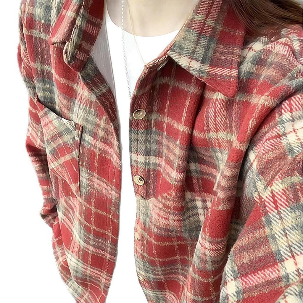 Women's Retro Red Plaid Brushed Shirt Jacket - Long Sleeve Casual Top for Autumn/Winter