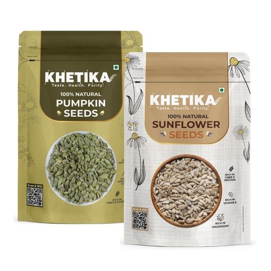 Кхетика Комбо съедобных семян 400 г, Семена подсолнечника + Семена тыквы, Смесь суперфудов для здорового питания, Богатая белком и клетчаткой