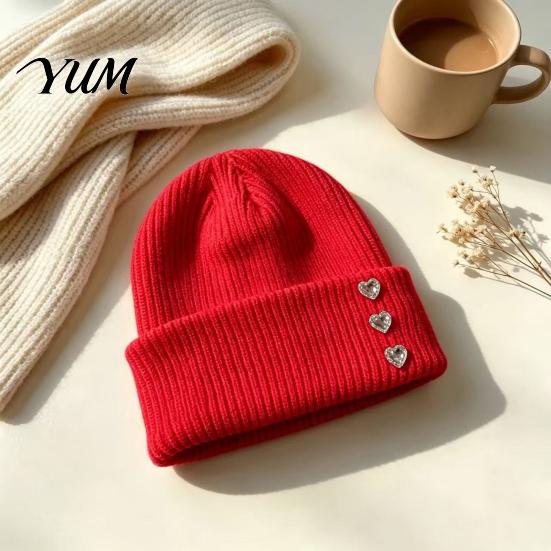 Autumn Winter Outdoor Headgear Heart Rhinestone Knitted Hat, Women Glitter Warm Cuffed Skull Cap with Rhinestones Stretchy Knit for Daily Street Wear