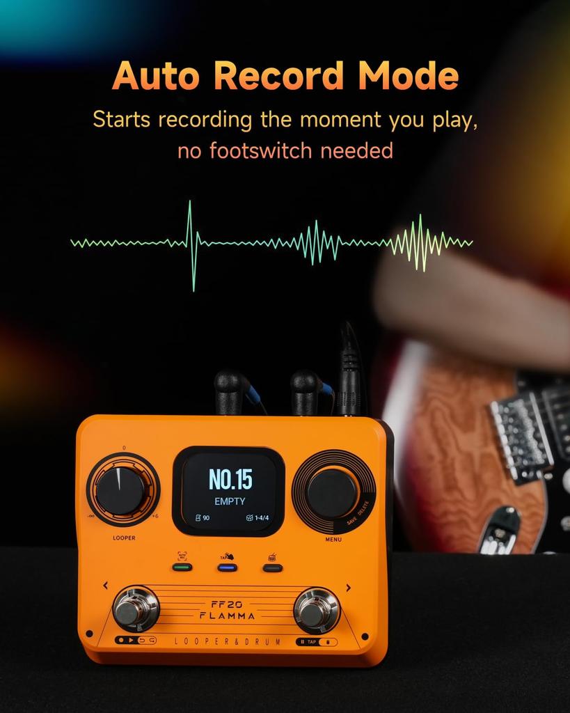 FLAMMA FF20 Looper Pedal Drum Machine with 300 Minutes of Recording 220 Drum 100 Loop Time Auto USB Headphone Output for Guitar and Bass Screen, Time,