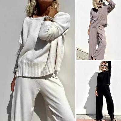 2 Pcs/Set Women Top Pants Suit Round Neck Long Sleeves Knitted Solid