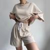 Street Style New Casual Outfit For Women, Short-Sleeved Round-Neck Loose Top + Tie Shorts Two-Piece Set